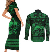 Personalized Caernarfonshire Sir Gaernarfon Couples Matching Short Sleeve Bodycon Dress and Long Sleeve Button Shirt Green Castle Tower Celtic-inspired - Wonder Print Shop