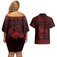 Personalized Caernarfonshire Sir Gaernarfon Couples Matching Off Shoulder Short Dress and Hawaiian Shirt Red Castle Tower Celtic-inspired - Wonder Print Shop