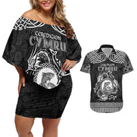 Personalized Cardiganshire Ceredigion Couples Matching Off Shoulder Short Dress and Hawaiian Shirt Black Leaping Salmon Celtic-inspired - Wonder Print Shop