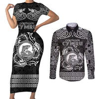 Personalized Cardiganshire Ceredigion Couples Matching Short Sleeve Bodycon Dress and Long Sleeve Button Shirt Black Leaping Salmon Celtic-inspired - Wonder Print Shop