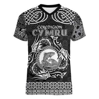 Personalized Cardiganshire Ceredigion Women V-Neck T-Shirt Black Leaping Salmon Celtic-inspired - Wonder Print Shop