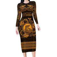 Personalized Cardiganshire Ceredigion Long Sleeve Bodycon Dress Gold Leaping Salmon Celtic-inspired - Wonder Print Shop