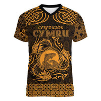 Personalized Cardiganshire Ceredigion Women V-Neck T-Shirt Gold Leaping Salmon Celtic-inspired - Wonder Print Shop