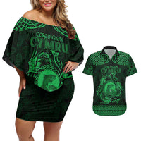 Personalized Cardiganshire Ceredigion Couples Matching Off Shoulder Short Dress and Hawaiian Shirt Green Leaping Salmon Celtic-inspired - Wonder Print Shop
