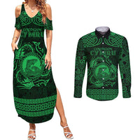 Personalized Cardiganshire Ceredigion Couples Matching Summer Maxi Dress and Long Sleeve Button Shirt Green Leaping Salmon Celtic-inspired - Wonder Print Shop