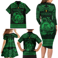 Personalized Cardiganshire Ceredigion Family Matching Long Sleeve Bodycon Dress and Hawaiian Shirt Green Leaping Salmon Celtic-inspired - Wonder Print Shop