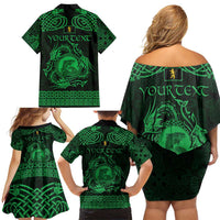 Personalized Cardiganshire Ceredigion Family Matching Off Shoulder Short Dress and Hawaiian Shirt Green Leaping Salmon Celtic-inspired - Wonder Print Shop
