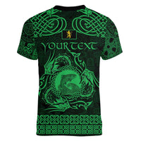 Personalized Cardiganshire Ceredigion Women V-Neck T-Shirt Green Leaping Salmon Celtic-inspired - Wonder Print Shop