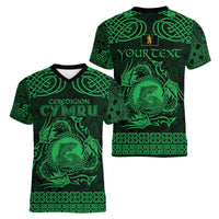 Personalized Cardiganshire Ceredigion Women V-Neck T-Shirt Green Leaping Salmon Celtic-inspired - Wonder Print Shop