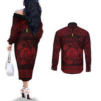 Personalized Cardiganshire Ceredigion Couples Matching Off The Shoulder Long Sleeve Dress and Long Sleeve Button Shirt Red Leaping Salmon Celtic-inspired - Wonder Print Shop