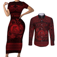 Personalized Cardiganshire Ceredigion Couples Matching Short Sleeve Bodycon Dress and Long Sleeve Button Shirt Red Leaping Salmon Celtic-inspired - Wonder Print Shop