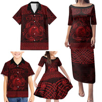 Personalized Cardiganshire Ceredigion Family Matching Puletasi and Hawaiian Shirt Red Leaping Salmon Celtic-inspired - Wonder Print Shop