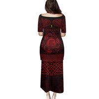 Personalized Cardiganshire Ceredigion Family Matching Puletasi and Hawaiian Shirt Red Leaping Salmon Celtic-inspired - Wonder Print Shop