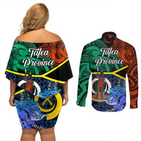 Tafea Day Couples Matching Off Shoulder Short Dress and Long Sleeve Button Shirts Vanuatu Sand Drawing With Polynesian Pattern LT9 - Wonder Print Shop