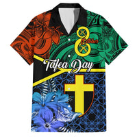 Multicolor Hawaiian button-up with black collar, Polynesian print, yellow cross shield