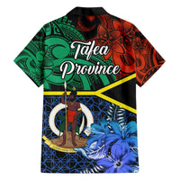 Multicolor Hawaiian shirt back with green orange patterns, blue floral, 'Tafea Province'