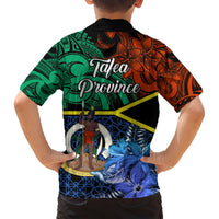 Multicolor Hawaiian shirt back with 'Tafea Province' text, green orange patterns, blue flowers