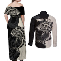 Personalised Polynesia Fishing Couples Matching Off Shoulder Maxi Dress and Long Sleeve Button Shirts With Maori Hei Matau Fish Hook Gold Art LT9 - Wonder Print Shop