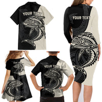 Personalised Polynesia Fishing Family Matching Long Sleeve Bodycon Dress and Hawaiian Shirt With Maori Hei Matau Fish Hook Gold Art LT9 - Wonder Print Shop