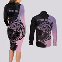 Personalised Polynesia Fishing Couples Matching Long Sleeve Bodycon Dress and Long Sleeve Button Shirts With Maori Hei Matau Fish Hook Pastel Art LT9 - Wonder Print Shop