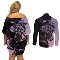 Personalised Polynesia Fishing Couples Matching Off Shoulder Short Dress and Long Sleeve Button Shirts With Maori Hei Matau Fish Hook Pastel Art LT9 - Wonder Print Shop