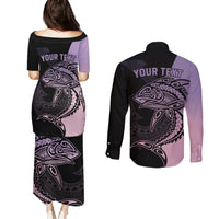 Personalised Polynesia Fishing Couples Matching Puletasi Dress and Long Sleeve Button Shirts With Maori Hei Matau Fish Hook Pastel Art LT9 - Wonder Print Shop
