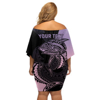 Personalised Polynesia Fishing Off Shoulder Short Dress With Maori Hei Matau Fish Hook Pastel Art - Wonder Print Shop
