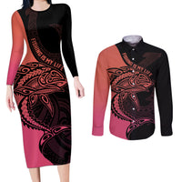 Personalised Polynesia Fishing Couples Matching Long Sleeve Bodycon Dress and Long Sleeve Button Shirts With Maori Hei Matau Fish Hook Pink Art LT9 - Wonder Print Shop