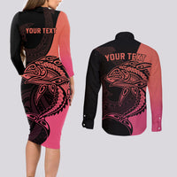 Personalised Polynesia Fishing Couples Matching Long Sleeve Bodycon Dress and Long Sleeve Button Shirts With Maori Hei Matau Fish Hook Pink Art LT9 - Wonder Print Shop