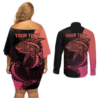 Personalised Polynesia Fishing Couples Matching Off Shoulder Short Dress and Long Sleeve Button Shirts With Maori Hei Matau Fish Hook Pink Art LT9 - Wonder Print Shop