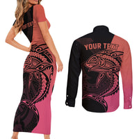 Personalised Polynesia Fishing Couples Matching Short Sleeve Bodycon Dress and Long Sleeve Button Shirts With Maori Hei Matau Fish Hook Pink Art LT9 - Wonder Print Shop