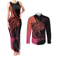 Personalised Polynesia Fishing Couples Matching Tank Maxi Dress and Long Sleeve Button Shirts With Maori Hei Matau Fish Hook Pink Art LT9 - Wonder Print Shop