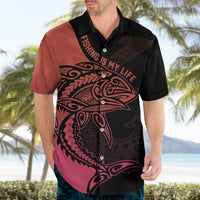 Mens short-sleeve Hawaiian shirt, black-and-pink with 'FISHING IS MY LIFE' fish graphic