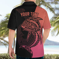 Two-tone Hawaiian fishing shirt back view, black and pink with tribal fish graphic and “YOUR TEXT”