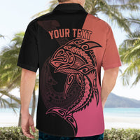 Mens short-sleeve Hawaiian shirt back, black-and-pink with 'YOUR TEXT' fish graphic