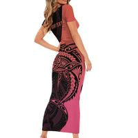 Personalised Polynesia Fishing Short Sleeve Bodycon Dress With Maori Hei Matau Fish Hook Pink Art - Wonder Print Shop