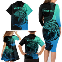 Personalised Polynesia Fishing Family Matching Long Sleeve Bodycon Dress and Hawaiian Shirt With Maori Hei Matau Fish Hook Turquoise Art LT9 - Wonder Print Shop