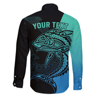 Personalised Polynesia Fishing Family Matching Long Sleeve Bodycon Dress and Hawaiian Shirt With Maori Hei Matau Fish Hook Turquoise Art LT9 - Wonder Print Shop