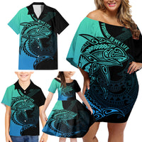 Personalised Polynesia Fishing Family Matching Off Shoulder Short Dress and Hawaiian Shirt With Maori Hei Matau Fish Hook Turquoise Art LT9 - Wonder Print Shop