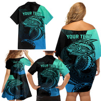 Personalised Polynesia Fishing Family Matching Off Shoulder Short Dress and Hawaiian Shirt With Maori Hei Matau Fish Hook Turquoise Art LT9 - Wonder Print Shop