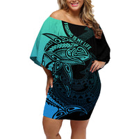Personalised Polynesia Fishing Family Matching Off Shoulder Short Dress and Hawaiian Shirt With Maori Hei Matau Fish Hook Turquoise Art LT9 - Wonder Print Shop