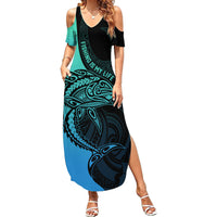 Personalised Polynesia Fishing Family Matching Summer Maxi Dress and Hawaiian Shirt With Maori Hei Matau Fish Hook Turquoise Art - Wonder Print Shop