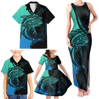 Personalised Polynesia Fishing Family Matching Tank Maxi Dress and Hawaiian Shirt With Maori Hei Matau Fish Hook Turquoise Art - Wonder Print Shop