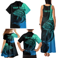 Personalised Polynesia Fishing Family Matching Tank Maxi Dress and Hawaiian Shirt With Maori Hei Matau Fish Hook Turquoise Art - Wonder Print Shop