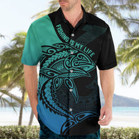 Turquoise, black Hawaiian shirt with 'FISHING IS MY LIFE' fish and hei matau graphic
