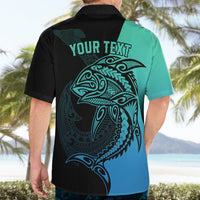 Turquoise/black Hawaiian button shirt back view with YOUR TEXT and fish tribal graphic