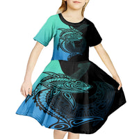 Personalised Polynesia Fishing Kid Short Sleeve Dress With Maori Hei Matau Fish Hook Turquoise Art - Wonder Print Shop