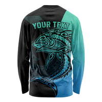 Personalised Polynesia Fishing Long Sleeve Shirt With Maori Hei Matau Fish Hook Turquoise Art - Wonder Print Shop