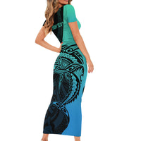 Personalised Polynesia Fishing Short Sleeve Bodycon Dress With Maori Hei Matau Fish Hook Turquoise Art - Wonder Print Shop