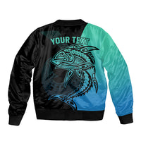 Personalised Polynesia Fishing Sleeve Zip Bomber Jacket With Maori Hei Matau Fish Hook Turquoise Art - Wonder Print Shop